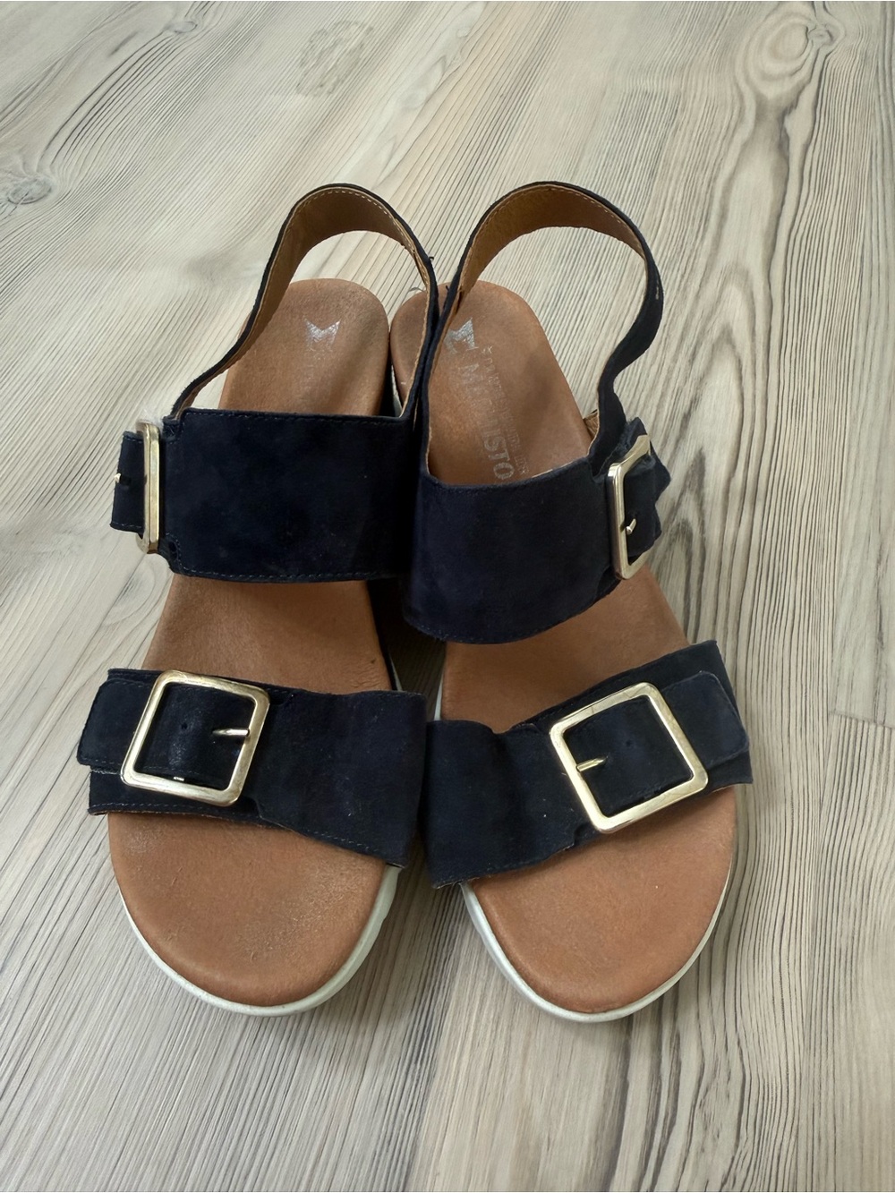 Mephisto Navy Cork Wedge Sandal with Gold Buckles - Picture 3 of 6